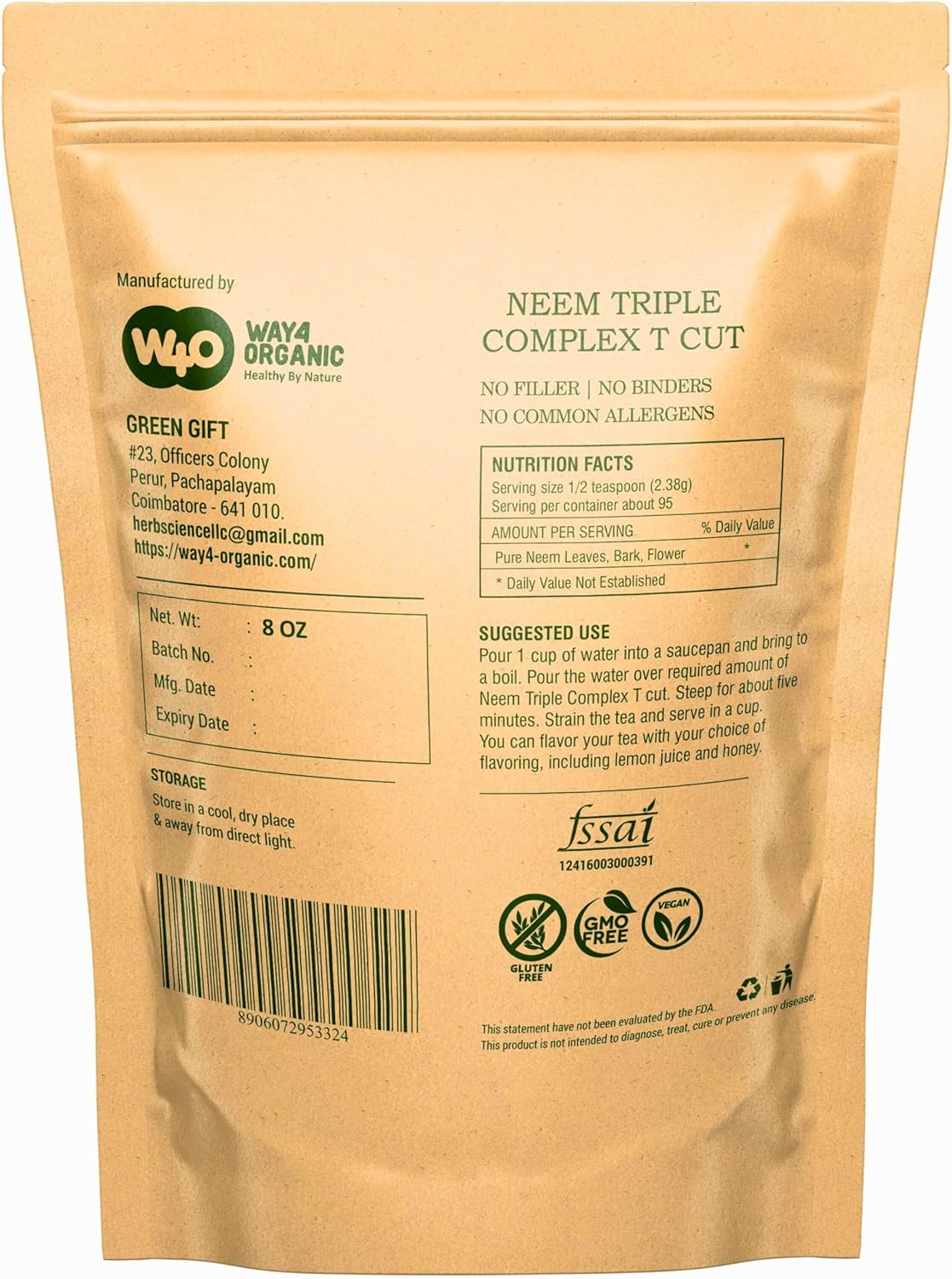 Organic Neem Triple Complex T Cut for Fresh Leaf Tea - 8 oz (Pack of 2) - Neem Leaves, Bark, Flower in 80:10:10 Ratio
