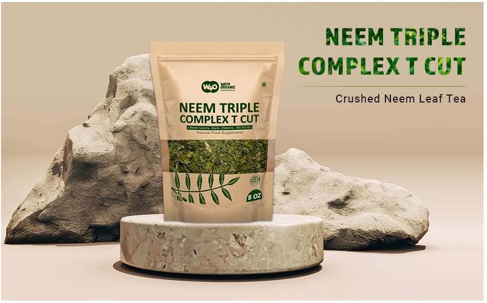 Organic Neem Triple Complex T Cut for Fresh Leaf Tea - 8 oz (Pack of 2) - Neem Leaves, Bark, Flower in 80:10:10 Ratio