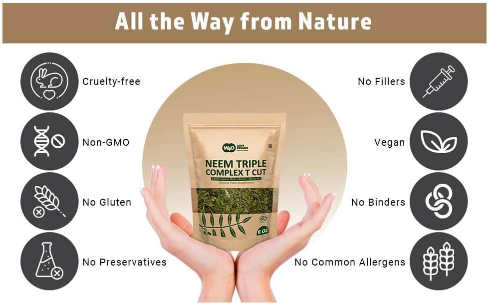 Organic Neem Triple Complex T Cut for Fresh Leaf Tea - 8 oz (Pack of 2) - Neem Leaves, Bark, Flower in 80:10:10 Ratio