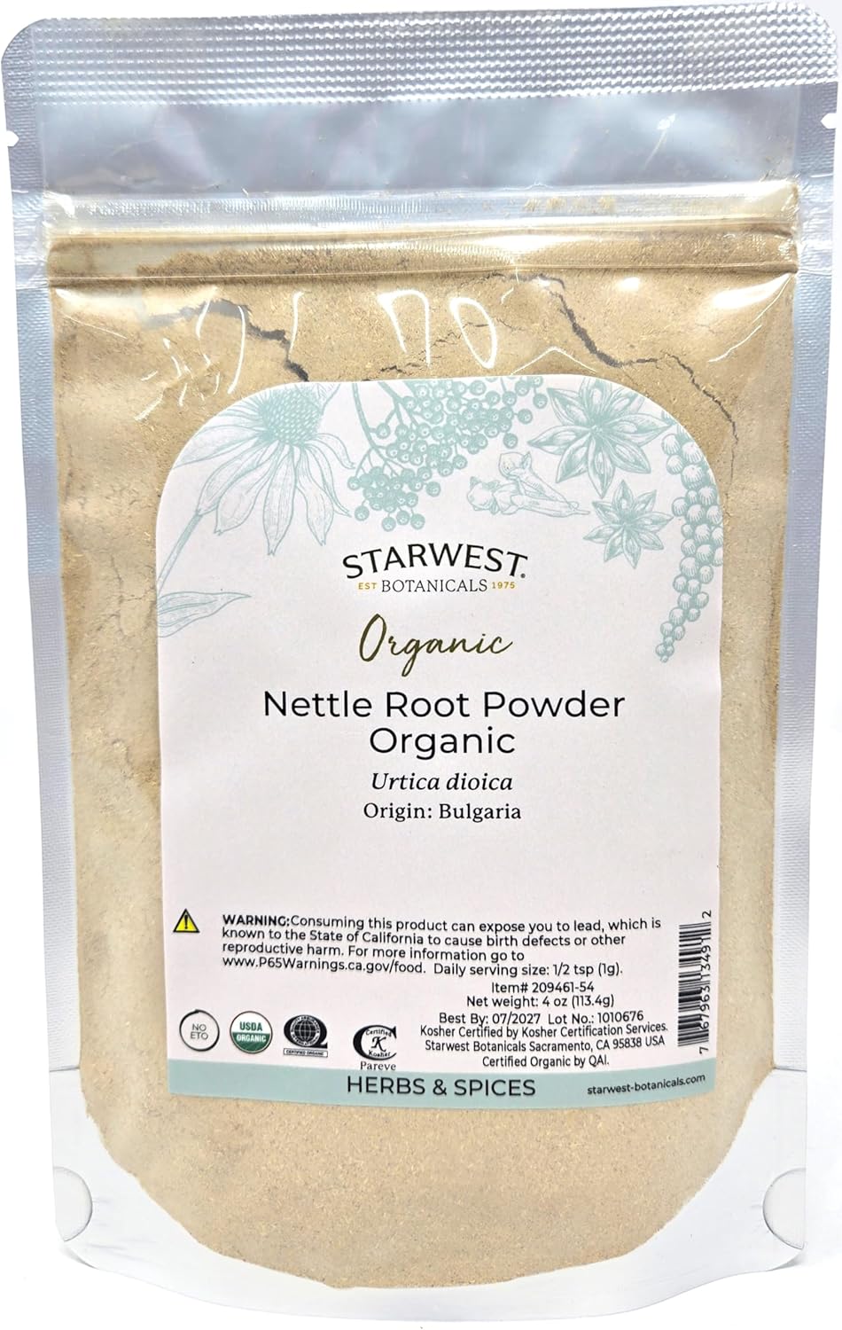 Organic Nettle Root Powder 4 oz by Starwest Botanicals - Natural Herbal Supplement