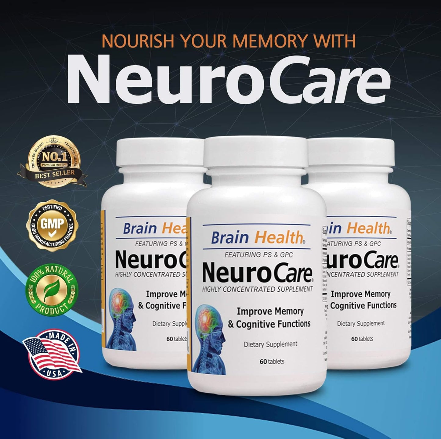 Organic Neuro Care Nootropic Brain Health Supplement for Memory, Focus & Clarity - Natural Dietary Supplement with Vitamins - 60 Tablets