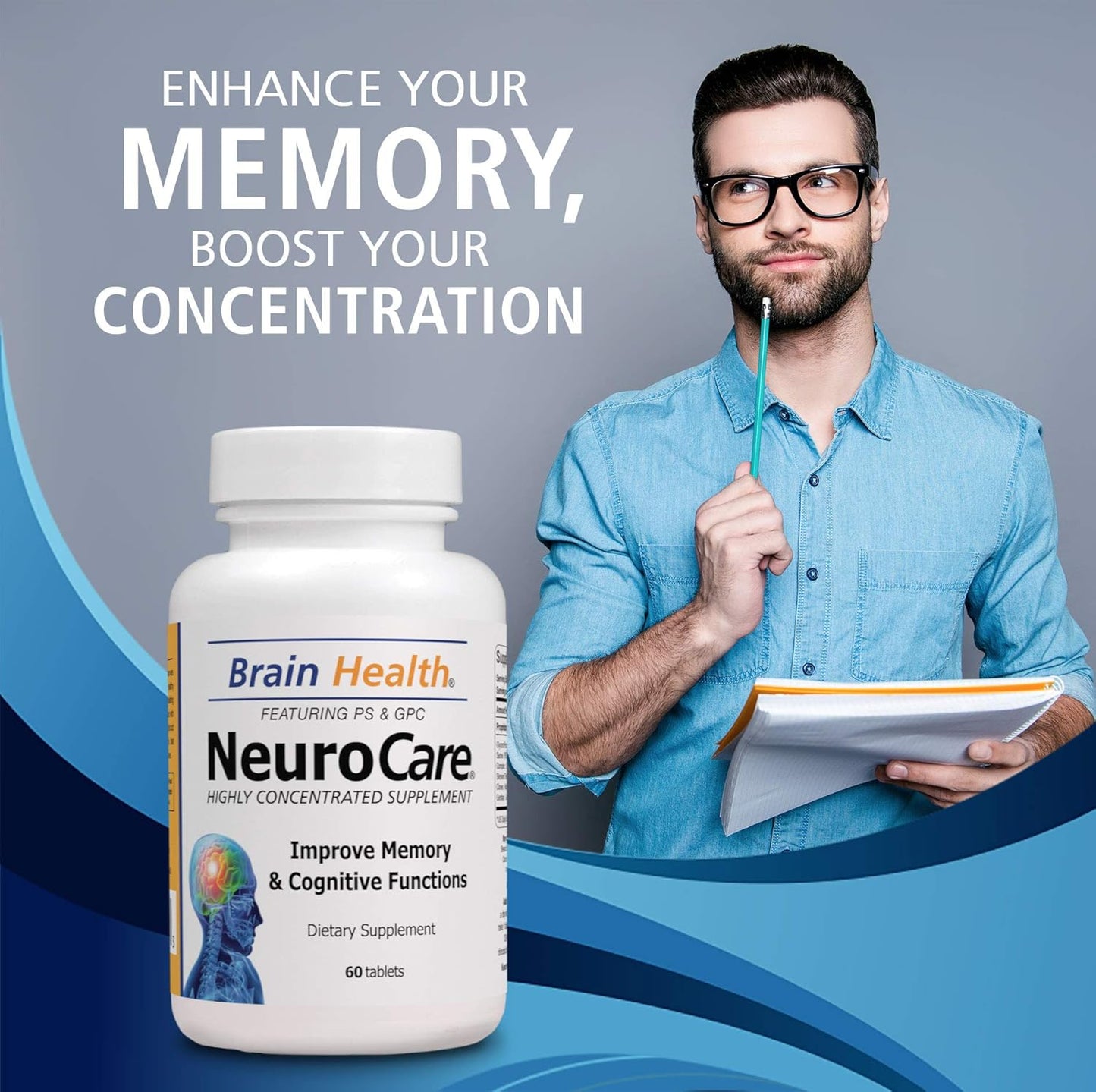 Organic Neuro Care Nootropic Brain Health Supplement for Memory, Focus & Clarity - Natural Dietary Supplement with Vitamins - 60 Tablets