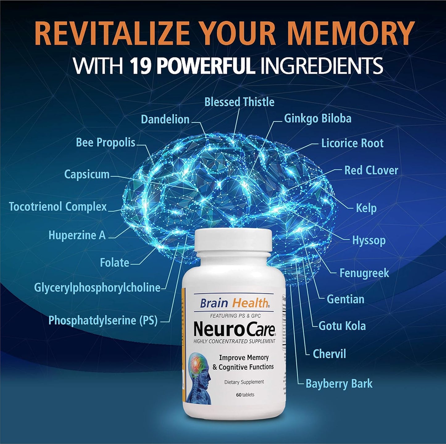 Organic Neuro Care Nootropic Brain Health Supplement for Memory, Focus & Clarity - Natural Dietary Supplement with Vitamins - 60 Tablets