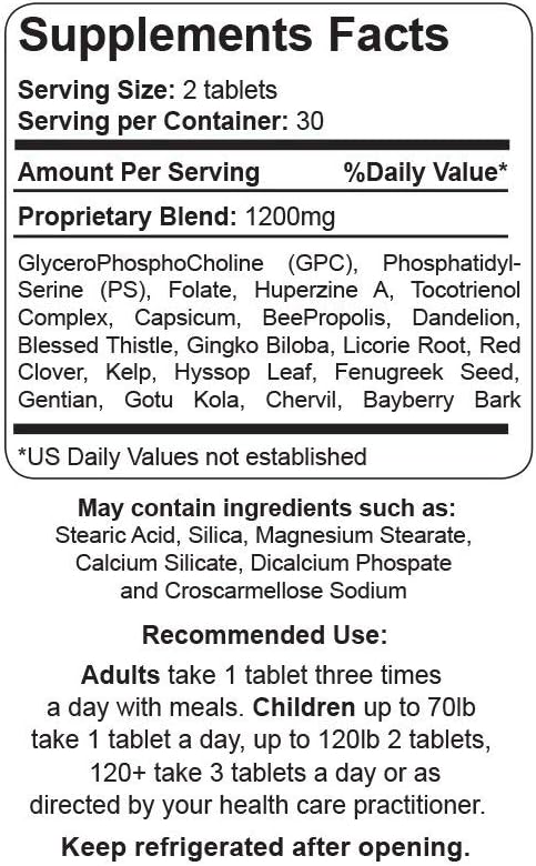 Organic Neuro Care Nootropic Brain Health Supplement for Memory, Focus & Clarity - Natural Dietary Supplement with Vitamins - 60 Tablets