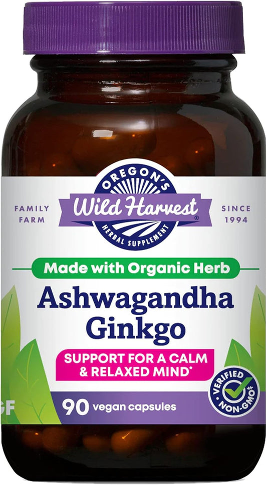 Organic Non-GMO Ashwagandha Ginkgo Capsules for Calm Mind - 90 Count