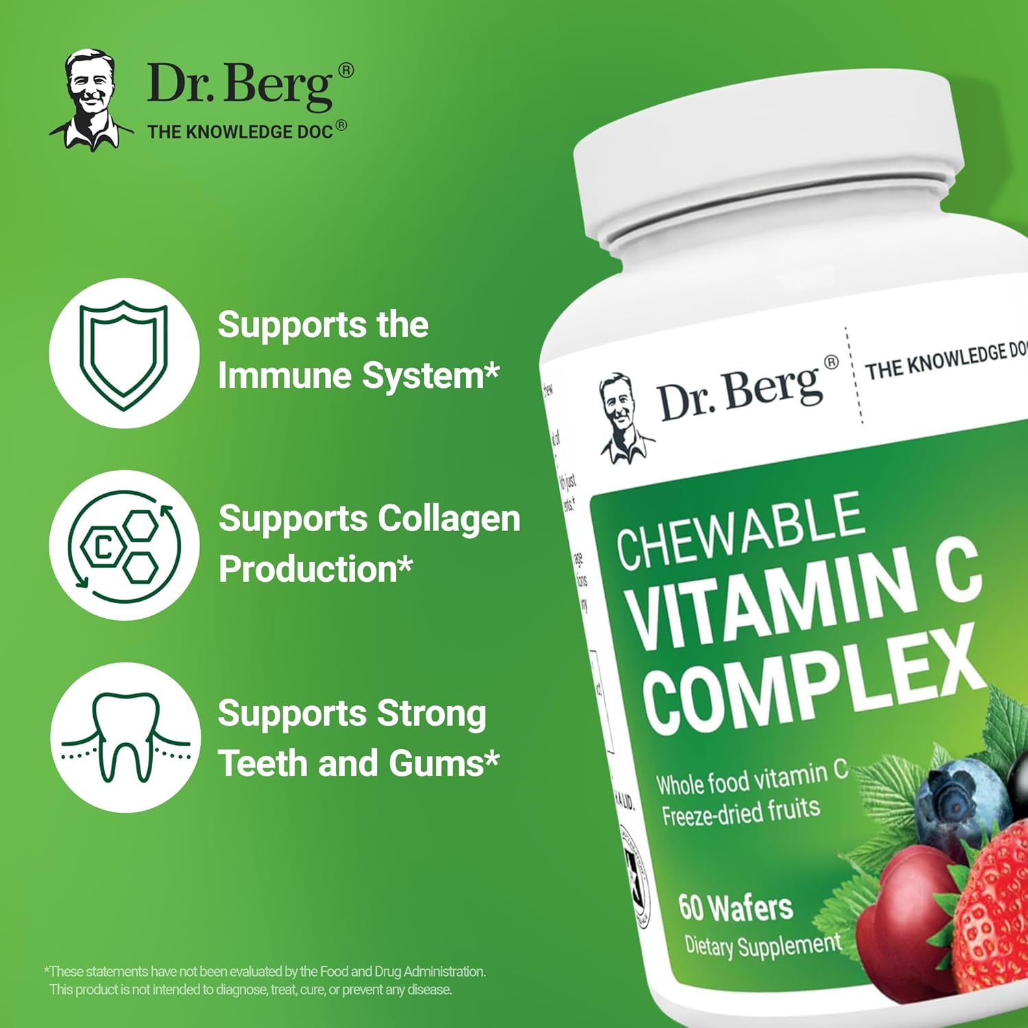 Organic Non-GMO Berry Chewable Vitamin C Complex - 60 Delicious Wafers by Dr. Berg Nutritionals