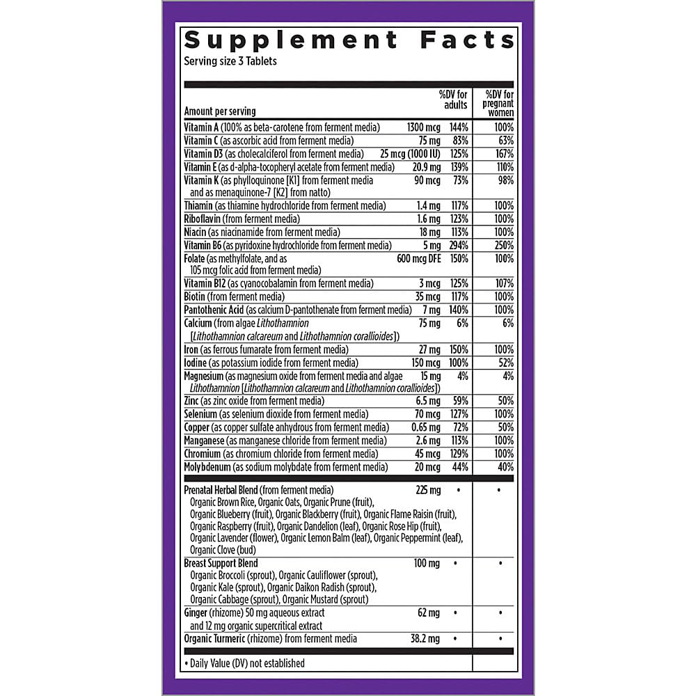 Organic Non-GMO Prenatal Vitamins - 96ct with Folate, Iron, Vitamin D3, and Probiotics for Healthy Mom and Baby