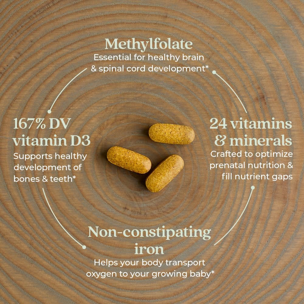 Organic Non-GMO Prenatal Vitamins with Folate, Iron, Vitamin D3, and Ginger for Healthy Mom & Baby - 96ct