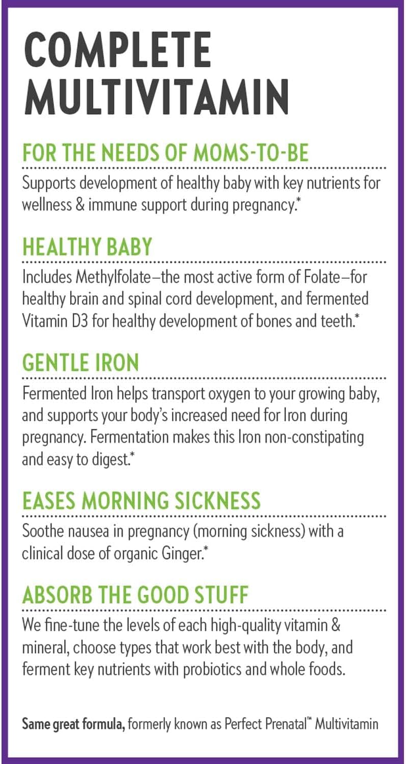 Organic Non-GMO Prenatal Vitamins with Folate, Iron, Vitamin D3, and Ginger for Healthy Mom & Baby - 96ct