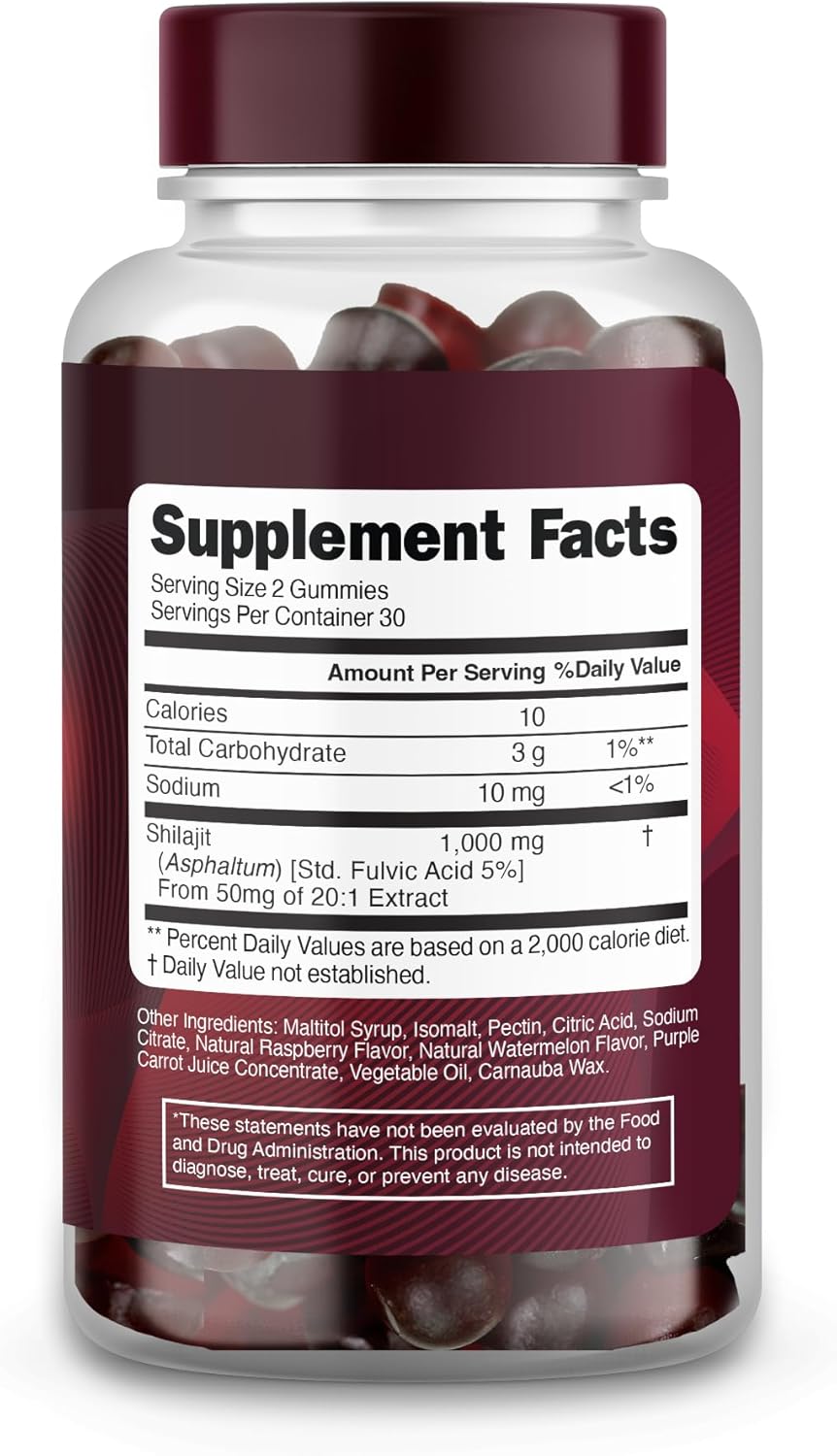 Organic Non-GMO Sugar-Free Shilajit Gummies for Energy & Immune Support - 1000mg Pure Extract for Men & Women - Vegan-Friendly