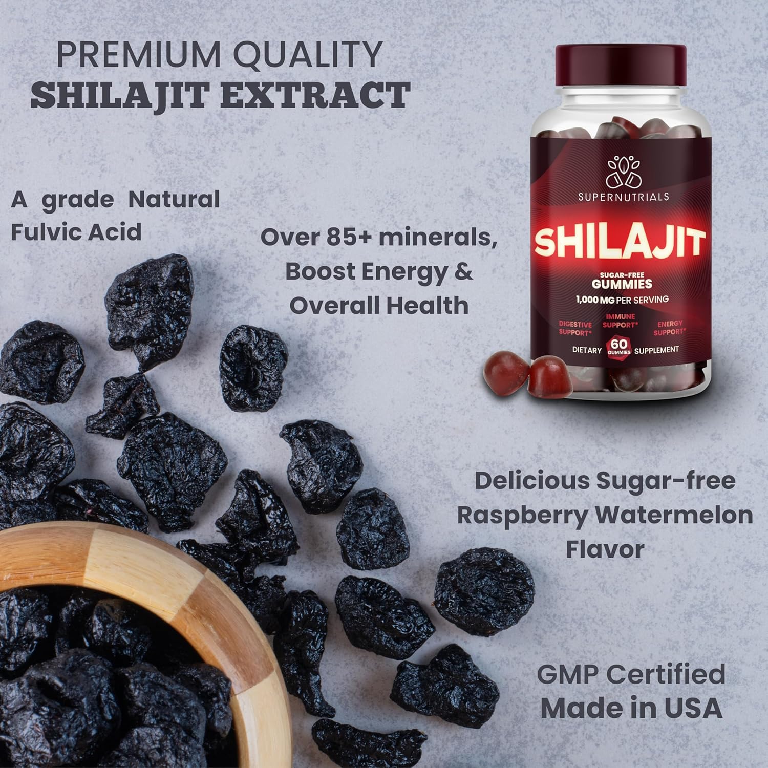 Organic Non-GMO Sugar-Free Shilajit Gummies for Energy & Immune Support - 1000mg Pure Extract for Men & Women - Vegan-Friendly