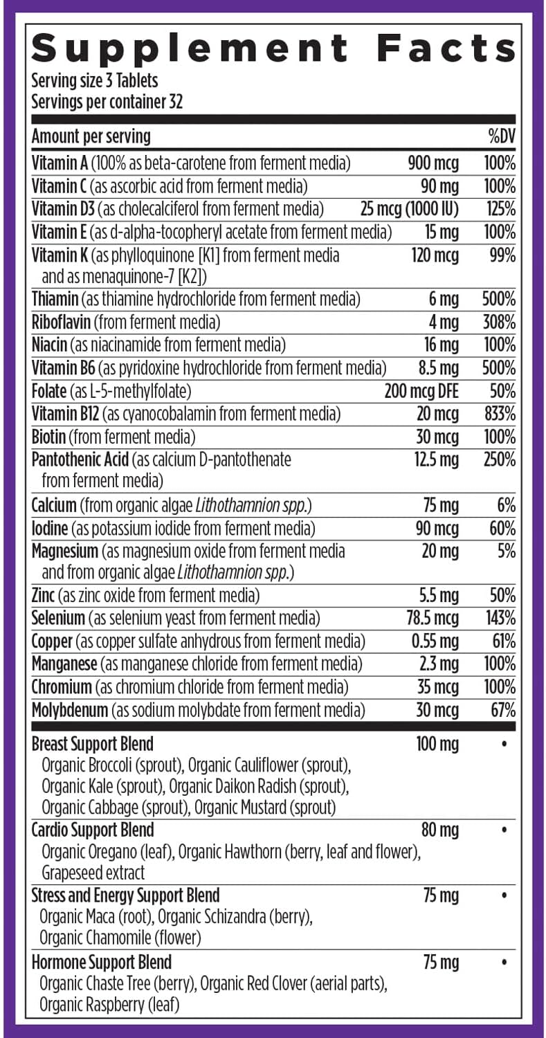 Organic Non-GMO Women's Multivitamin 40+ with Whole-Food B Vitamins + D3, 96 Count