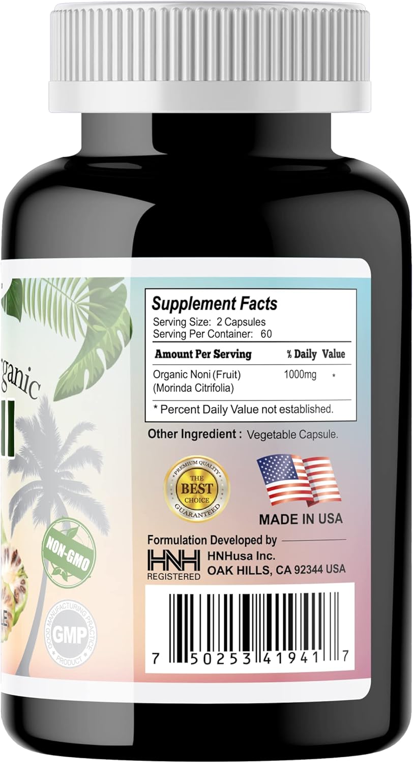 Organic Noni Capsules 1000mg - Immune Support & Antioxidants - 120 Vegan Capsules - Noni Extract Supplement