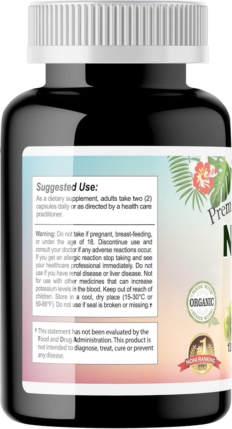Organic Noni Capsules 1000mg - Immune Support & Antioxidants - 120 Vegan Capsules - Noni Extract Supplement