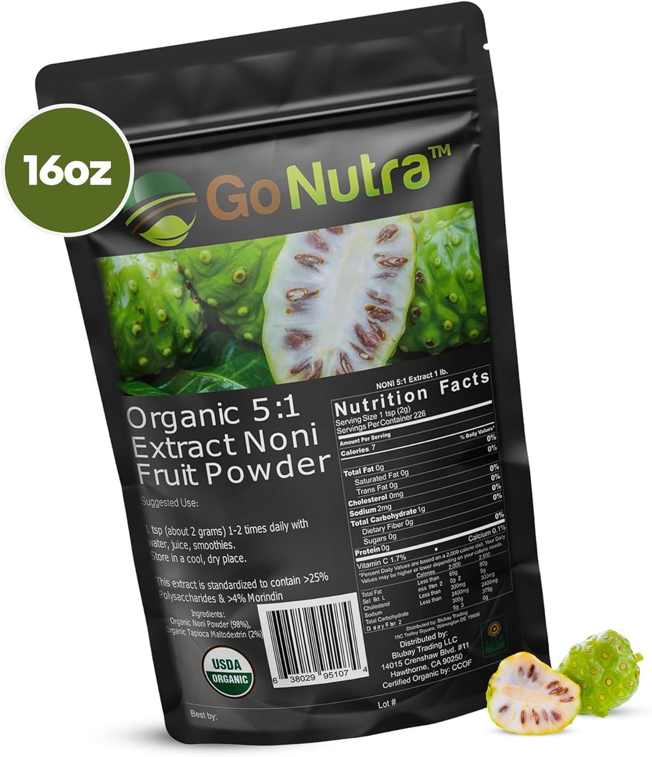 Organic Noni Fruit Powder 5:1 Extract Superfood Supplement 1lb (16 oz) - Go Nutra