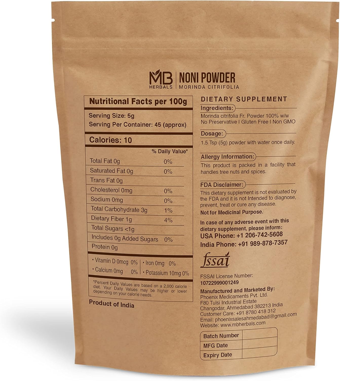 Organic Noni Powder 8 oz | 227g (0.5 lb) | Ideal for Smoothies & Juices | No Preservatives | Gluten Free | 45 Servings