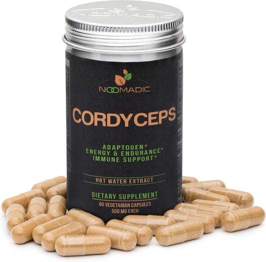 Organic Noomadic Cordyceps Mushroom Capsules - AMPK Activator, 500mg, Hot Water Extract, Wood Grown, 30% Beta-D-Glucans - Yartsa Gunbu