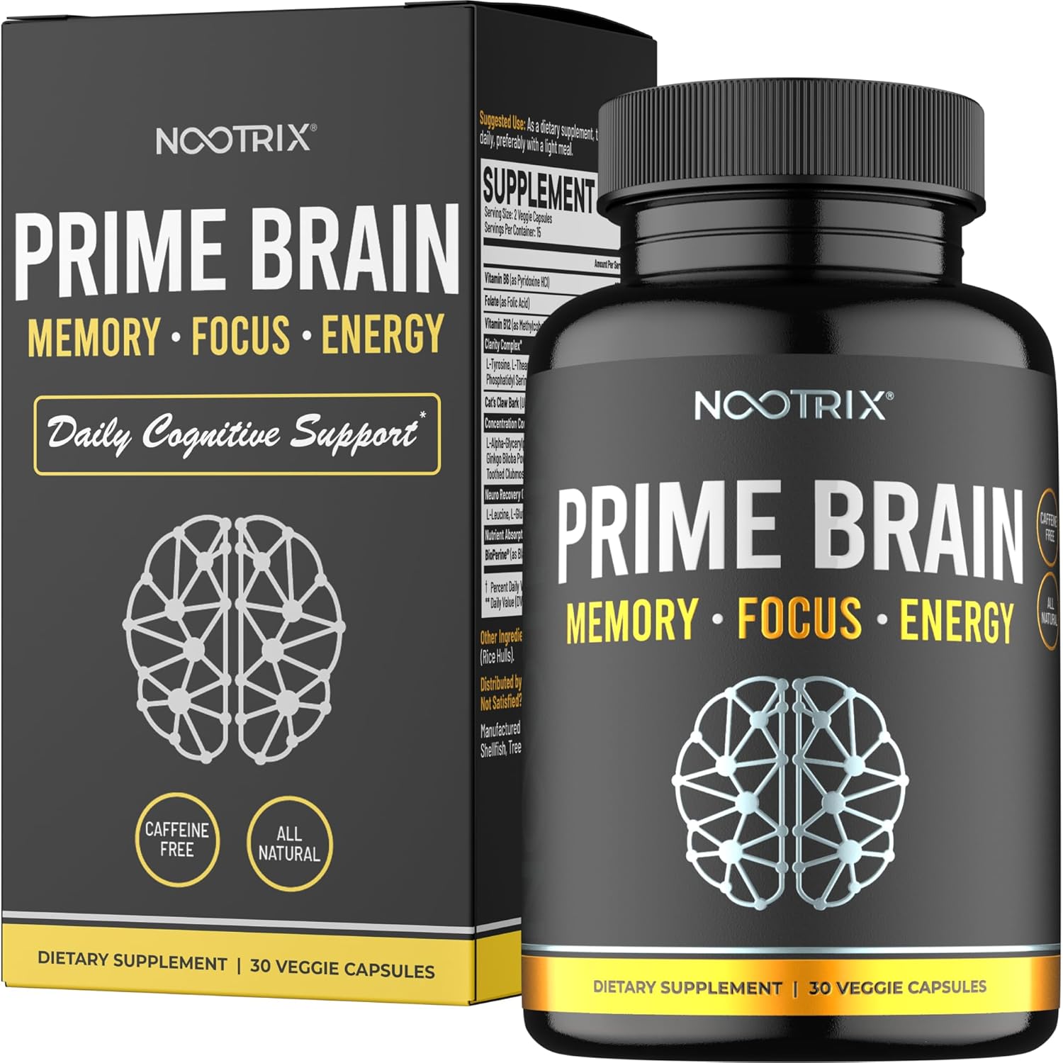 Organic Nootrix Prime Brain Supplement for Memory & Mental Clarity - 30 Capsules - Ginkgo Biloba, Lion's Mane, L Theanine - Boost Cognitive Function & Mood - Men & Women Friendly