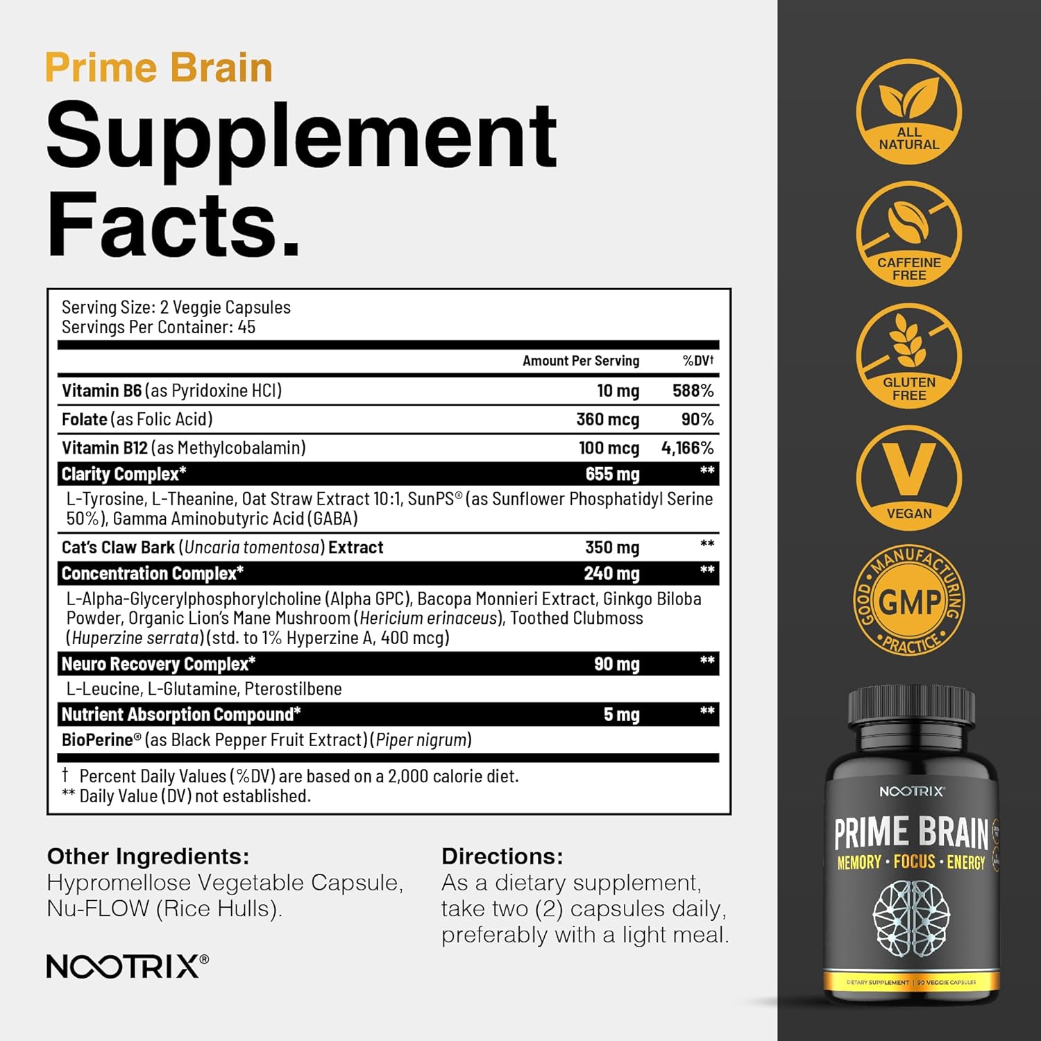 Organic Nootrix Prime Brain Supplement for Memory & Mental Clarity - 30 Capsules - Ginkgo Biloba, Lion's Mane, L Theanine - Boost Cognitive Function & Mood - Men & Women Friendly