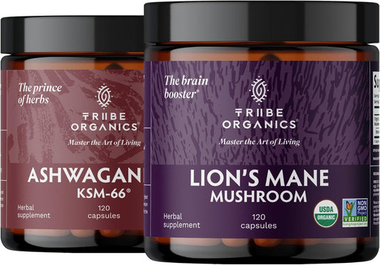 Organic Nootropic Bundle: KSM66 Ashwagandha & Lion's Mane for Focus and Mind Health