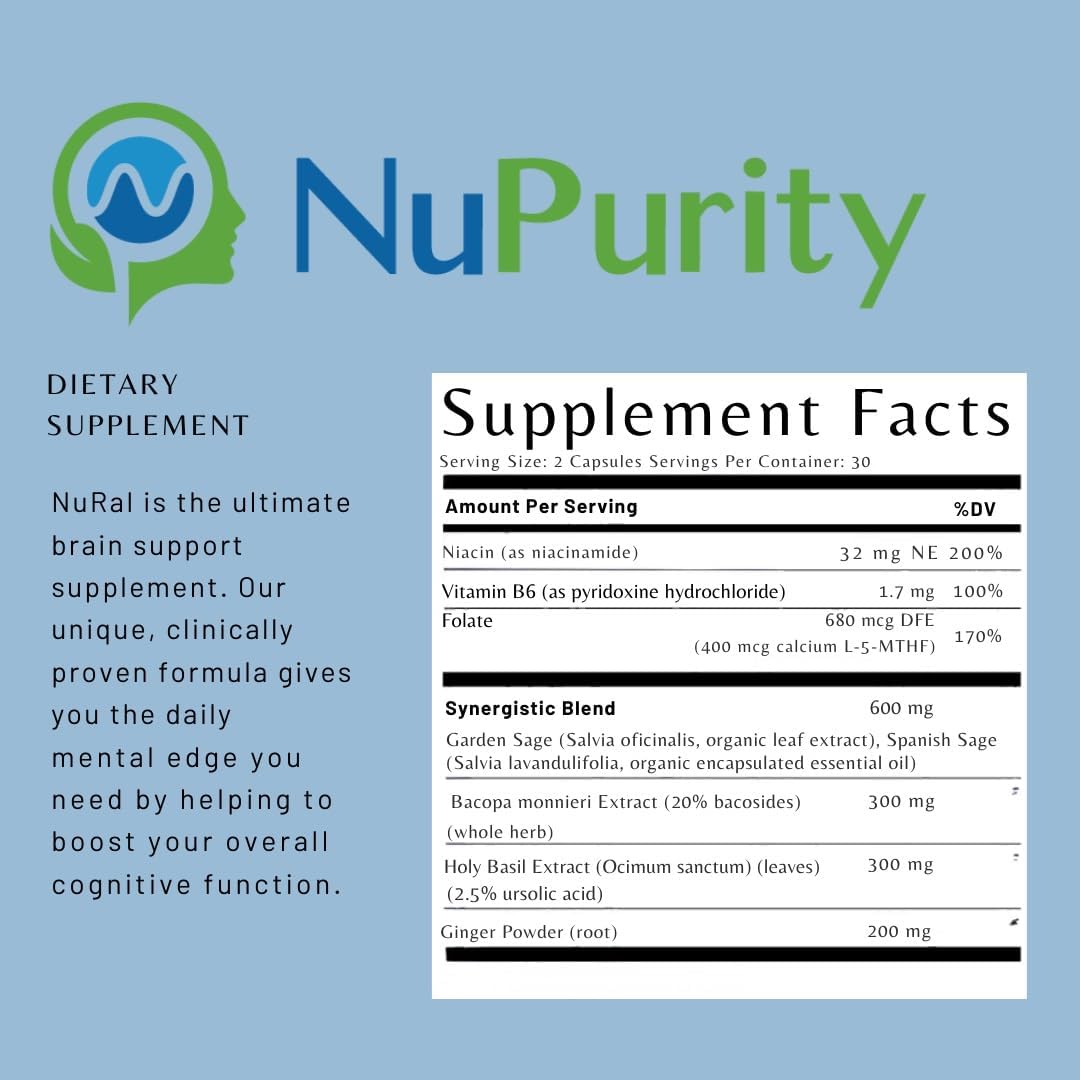 Organic NuRal™ Brain Supplement with Sage, Holy Basil, Bacopa Monnieri - Enhance Memory, Focus, Brain Power - Clinically Proven