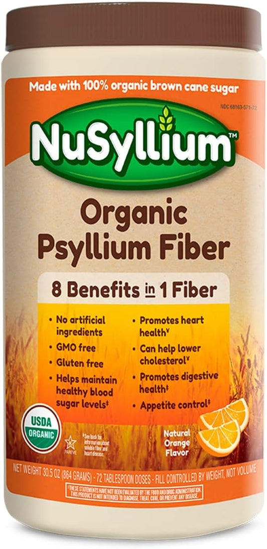 Organic NuSyllium Psyllium Husk Powder with Brown Sugar for Digestive Health - 30.5 Oz, 72 Servings, Natural Orange Flavor