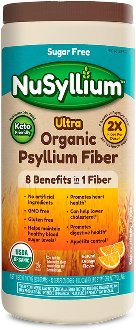 Organic NuSyllium Ultra Psyllium Husk Powder - 10.7 Oz, Sugar-Free Fiber Supplement for Digestive Health - Orange Flavor, 42 Servings