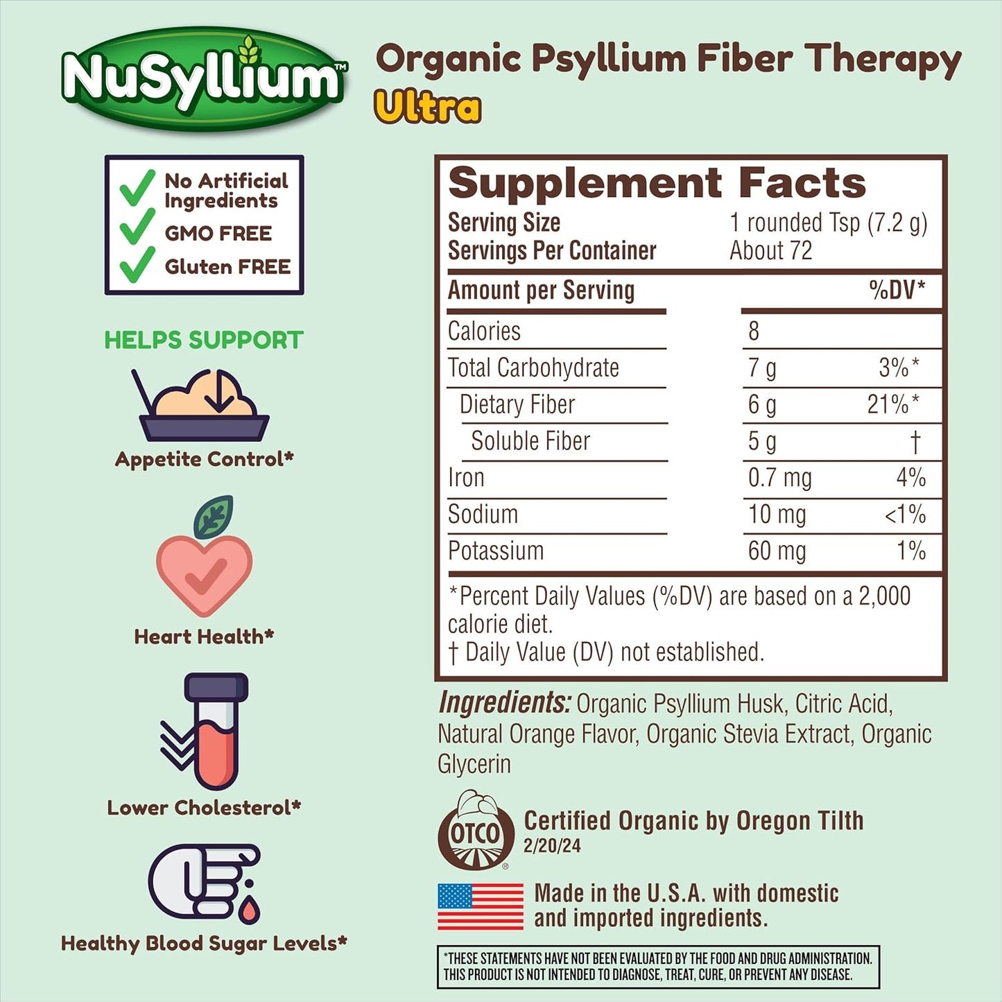 Organic NuSyllium Ultra Psyllium Husk Powder - 10.7 Oz, Sugar-Free Fiber Supplement for Digestive Health - Orange Flavor, 42 Servings