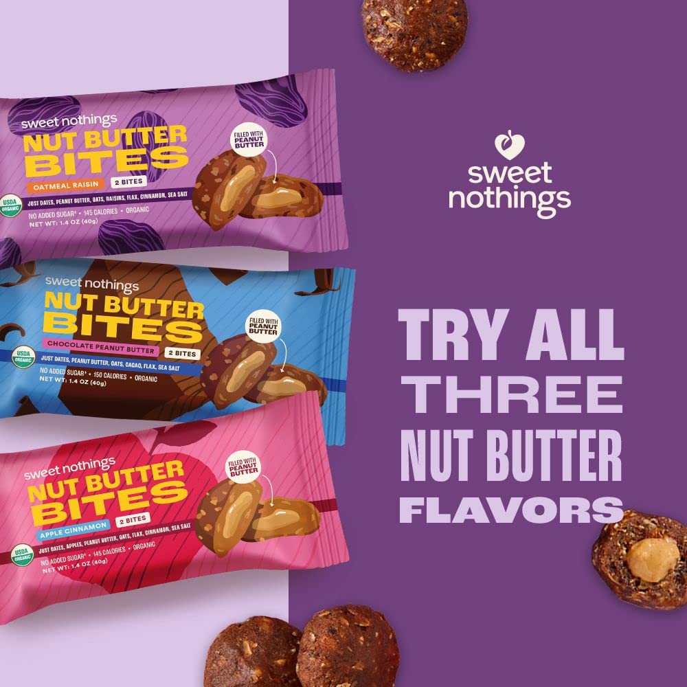 Organic Nut Butter Bites Protein Bar Variety Pack - Chocolate, Apple Cinnamon, Oatmeal Raisin - Vegan Snack with Peanut Butter - No Added Sugar - Plant Based - 6 Value Packs - USDA Certified