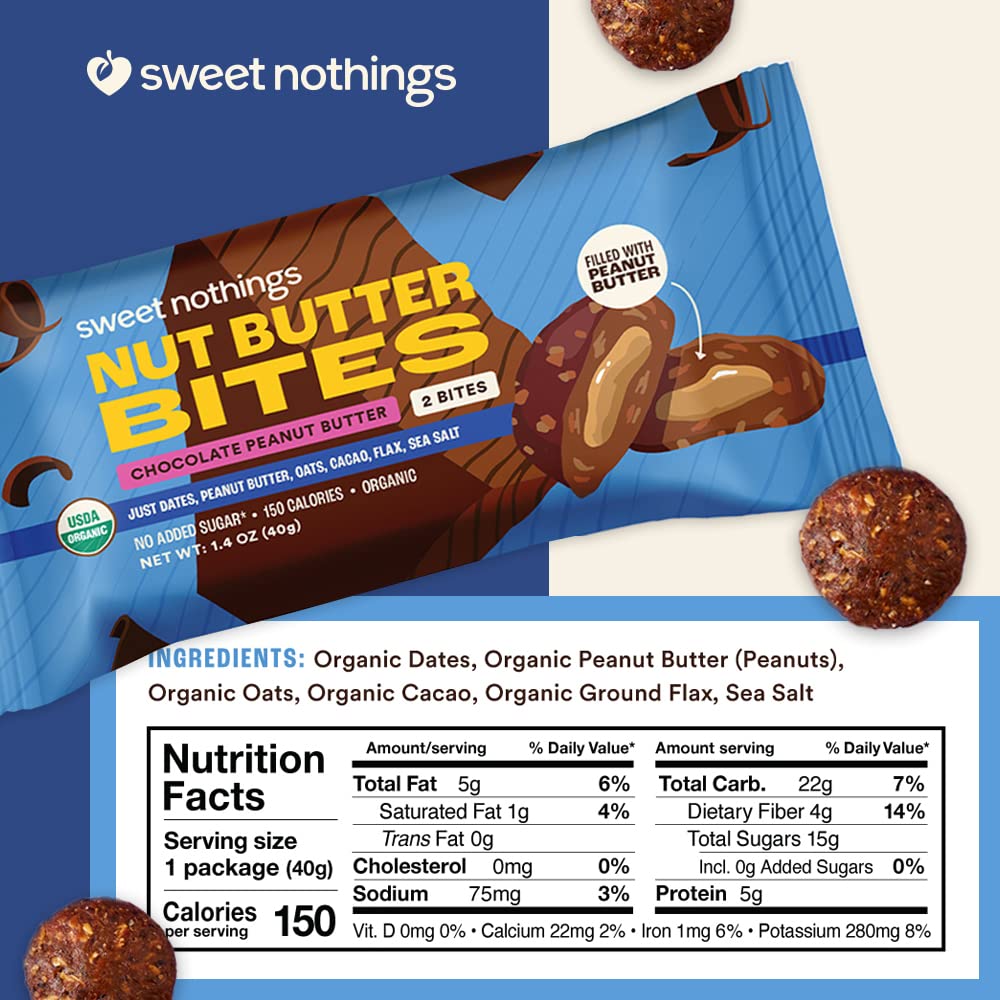 Organic Nut Butter Bites Protein Bar Variety Pack - Chocolate, Apple Cinnamon, Oatmeal Raisin - Vegan Snack with Peanut Butter - No Added Sugar - Plant Based - 6 Value Packs - USDA Certified