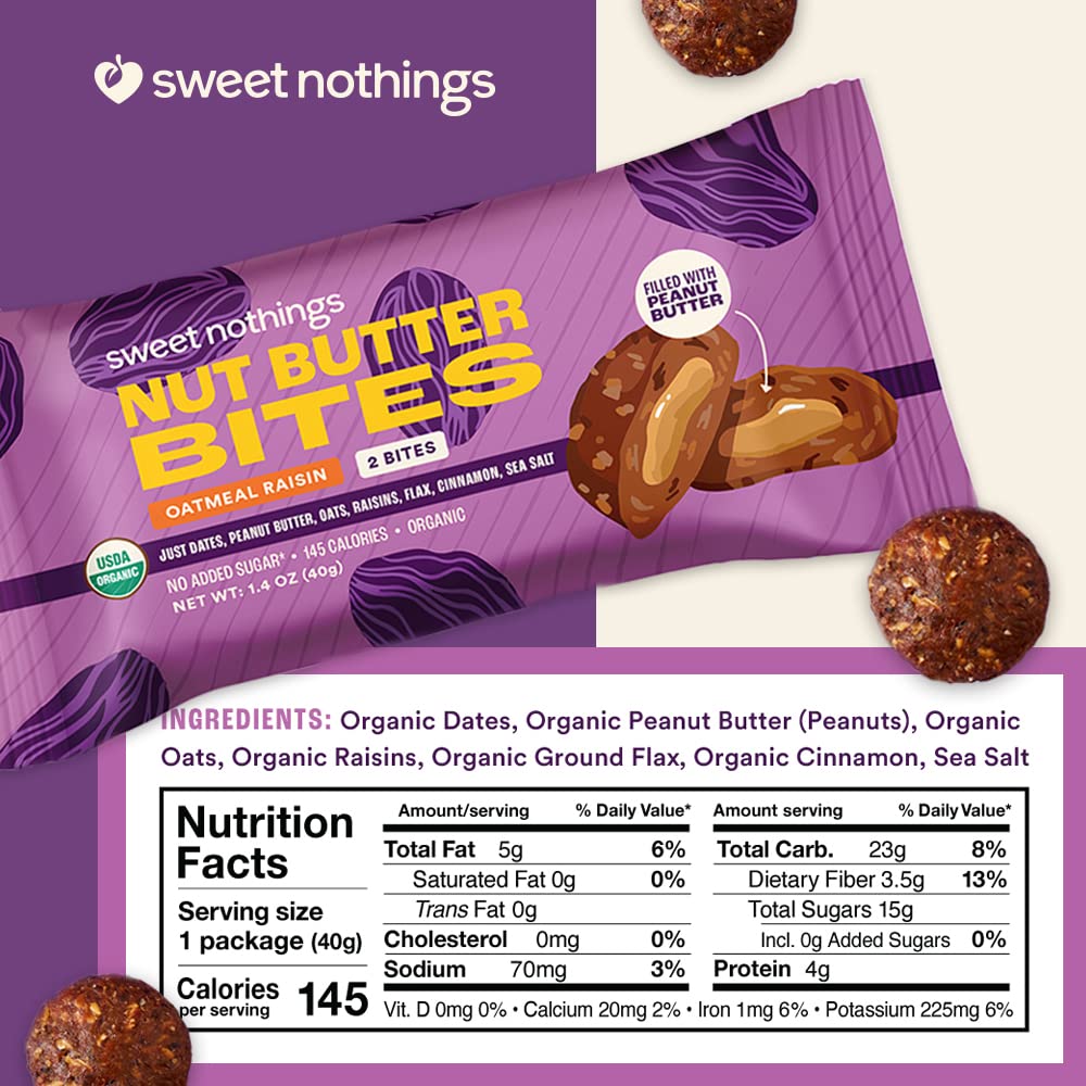 Organic Nut Butter Bites Protein Bar Variety Pack - Chocolate, Apple Cinnamon, Oatmeal Raisin - Vegan Snack with Peanut Butter - No Added Sugar - Plant Based - 6 Value Packs - USDA Certified
