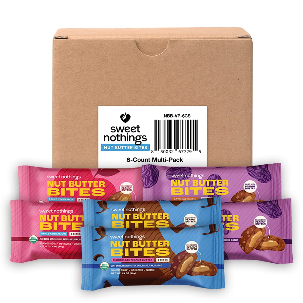 Organic Nut Butter Bites Protein Bar Variety Pack - Chocolate, Apple Cinnamon, Oatmeal Raisin - Vegan Snack with Peanut Butter - No Added Sugar - Plant Based - 6 Value Packs - USDA Certified