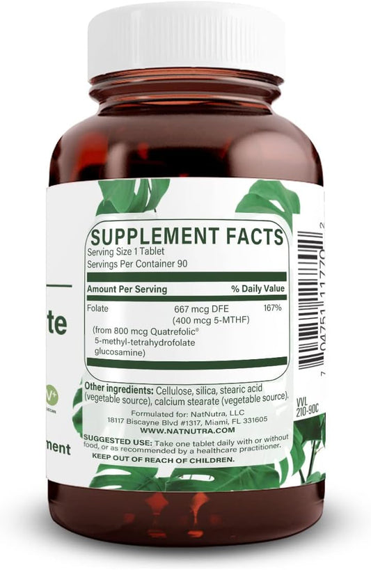 Organic Nutra Active Methyl Folate Supplement with Quatre Folic Acid, Supports Heart and Body Health, Boosts Brain Function, Enhances Mood, Reduces Fatigue, B9, 180 Vegan Tablets
