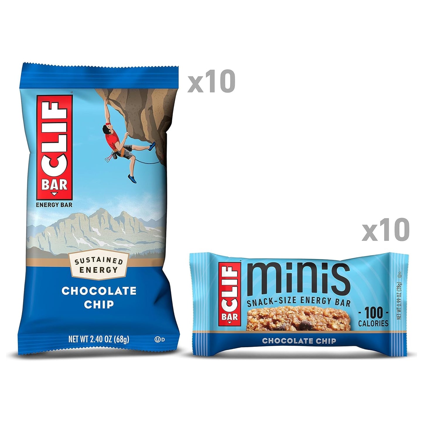 Organic Oats Chocolate Chip CLIF BAR Energy Bars - Full Size and Mini - Plant Based Non-GMO - 20 Count - 2.4 oz. and 0.99 oz.