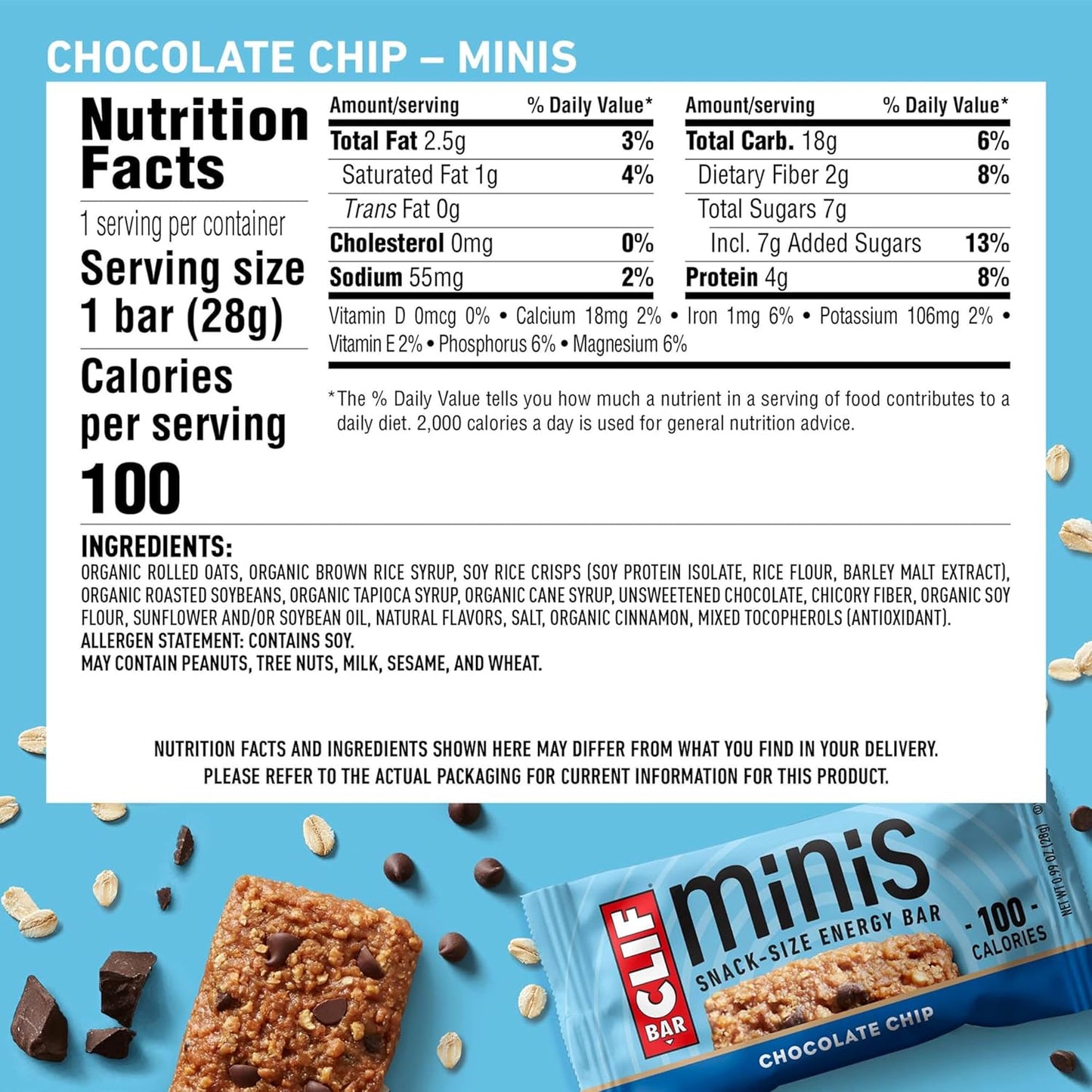 Organic Oats Chocolate Chip CLIF BAR Energy Bars - Full Size and Mini - Plant Based Non-GMO - 20 Count - 2.4 oz. and 0.99 oz.
