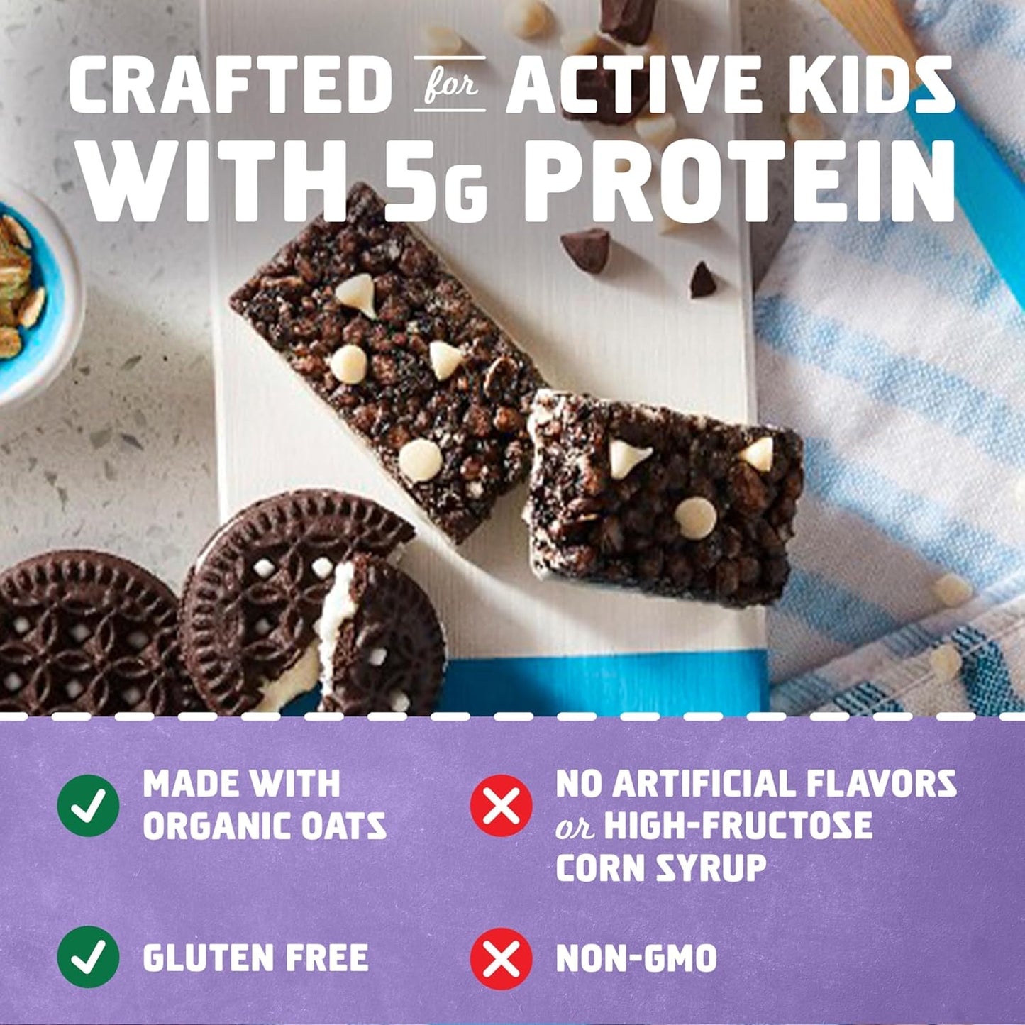 Organic Oats Cookies 'n Creme Protein Bars, Gluten Free Snack Bars with 5g Protein, Non-GMO (15 Pack)