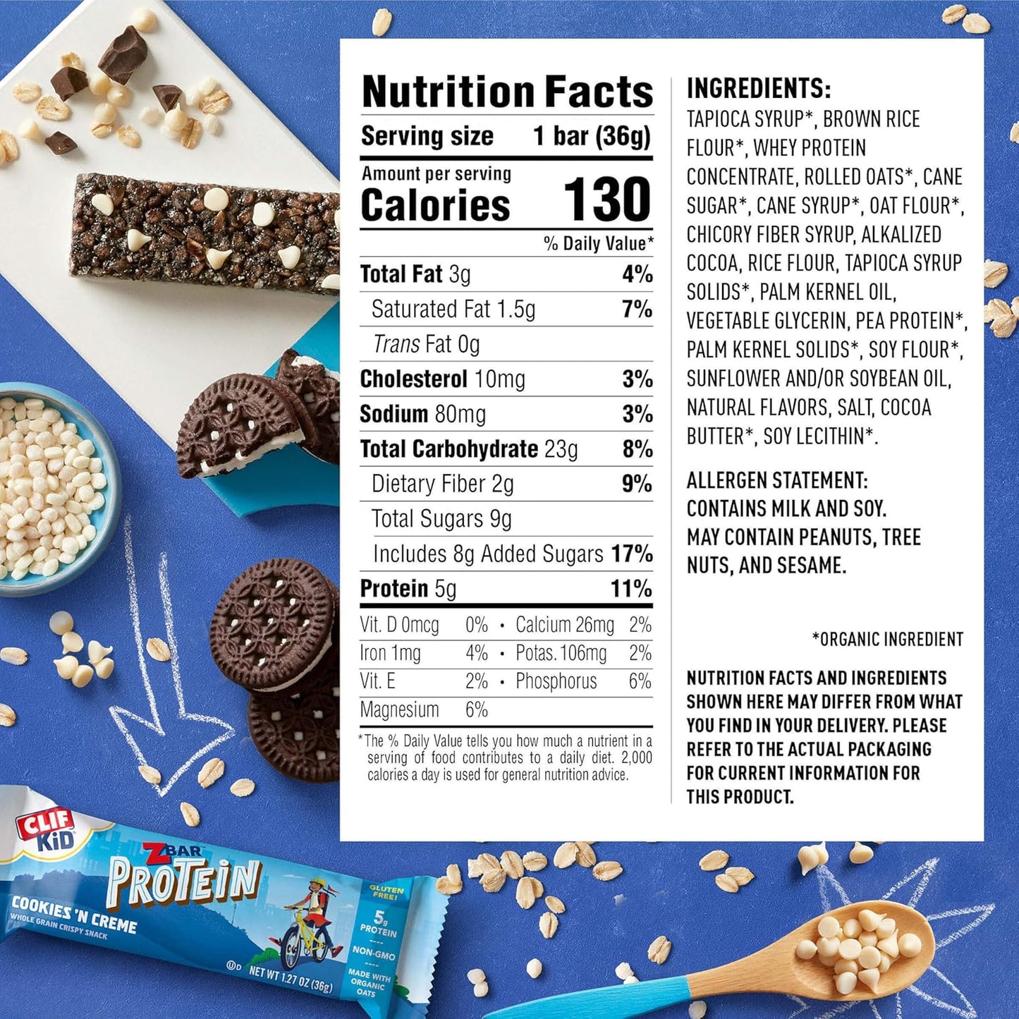 Organic Oats Cookies 'n Creme Protein Bars, Gluten Free Snack Bars with 5g Protein, Non-GMO (15 Pack)