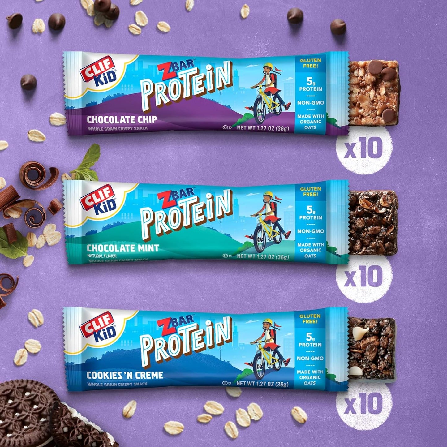 Organic Oats Protein Bars Variety Pack - Chocolate Chip, Chocolate Mint, Cookies 'n Creme - Non-GMO, Gluten Free - 5g Protein - 30 Pack