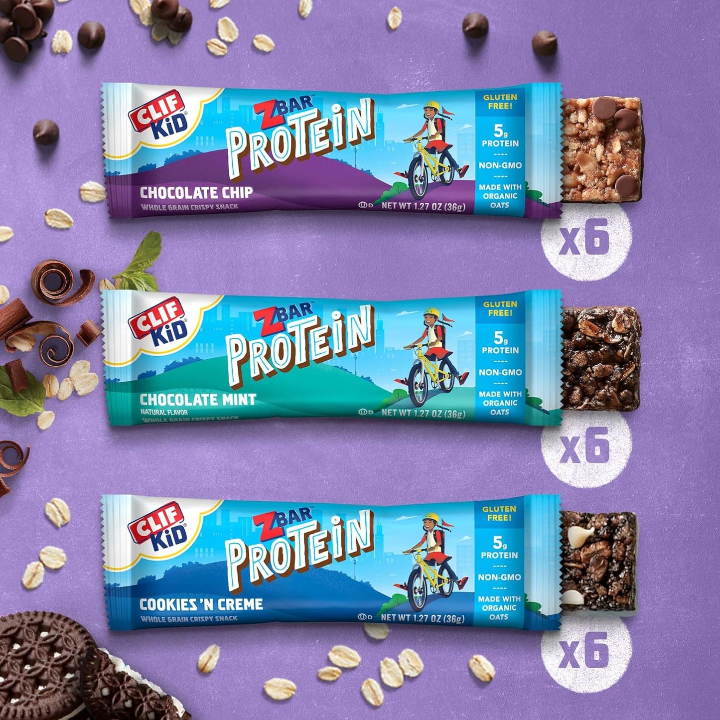 Organic Oats Protein Bars Variety Pack - Chocolate Chip, Chocolate Mint, Cookies 'n Creme - Gluten Free, Non-GMO - 5g Protein - Crispy Snack Bars (18 Pack)