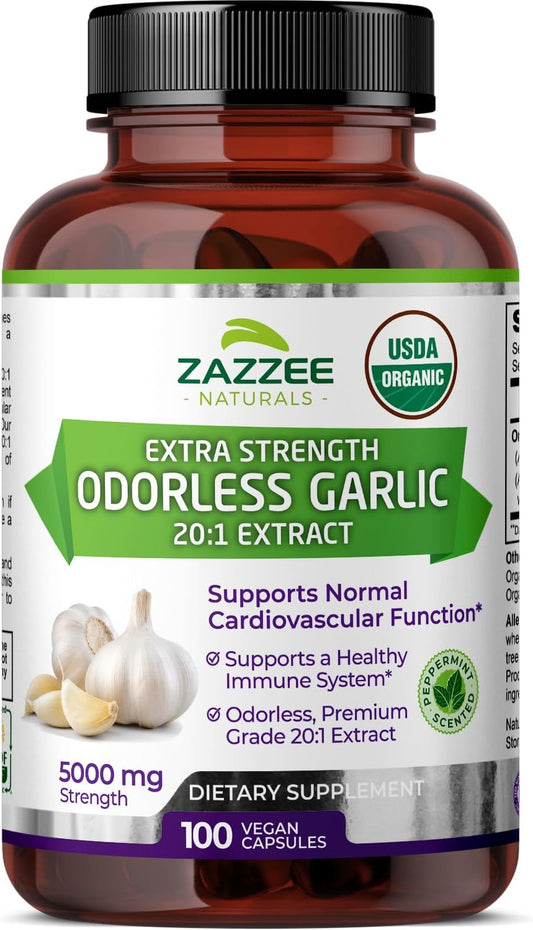 Organic Odorless Garlic Extract Capsules - 5000mg Strength, 100 Vegan Capsules, 3 Month Supply - Non-GMO, Vegetarian, Made in USA