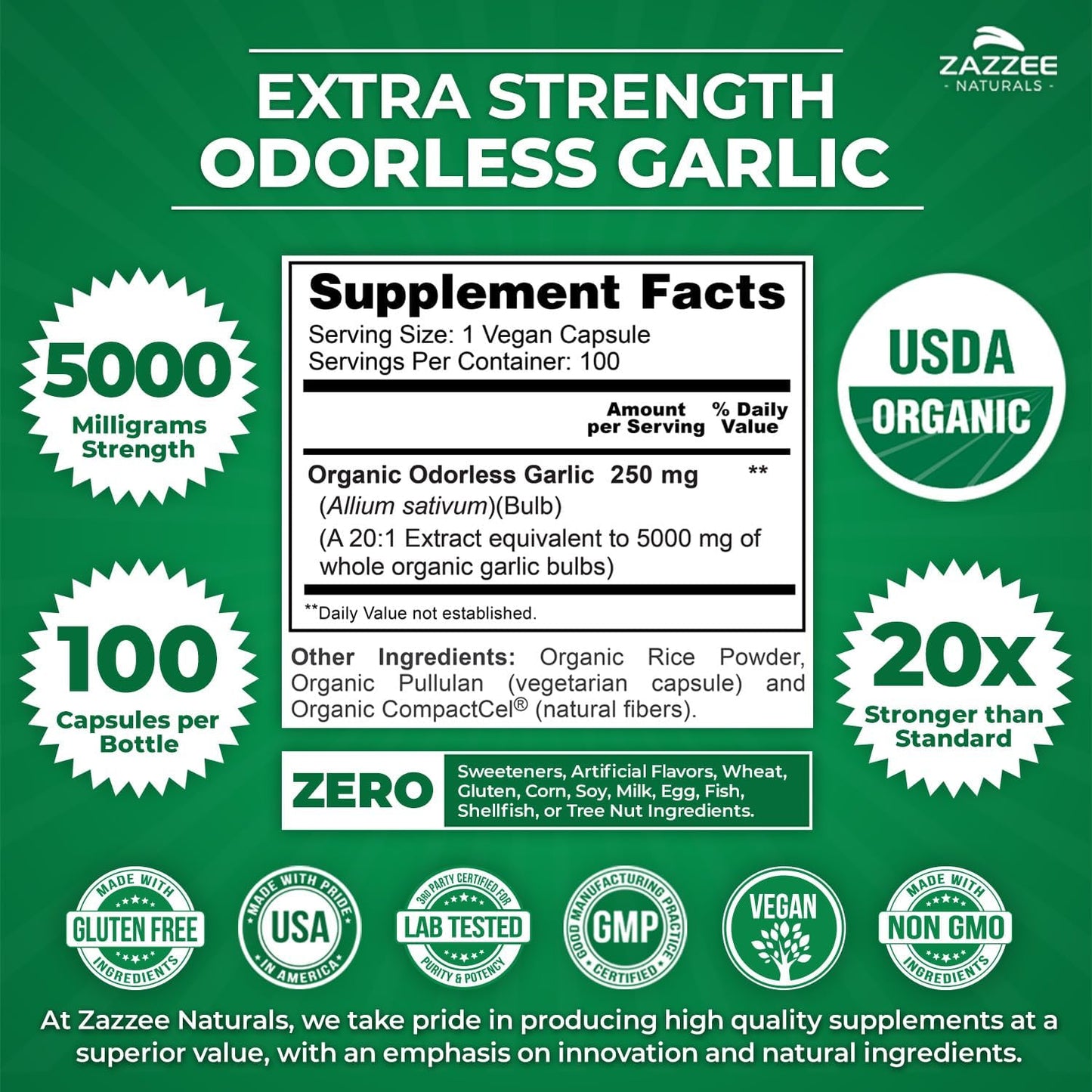 Organic Odorless Garlic Extract Capsules - 5000mg Strength, 100 Vegan Capsules, 3 Month Supply - Non-GMO, Vegetarian, Made in USA
