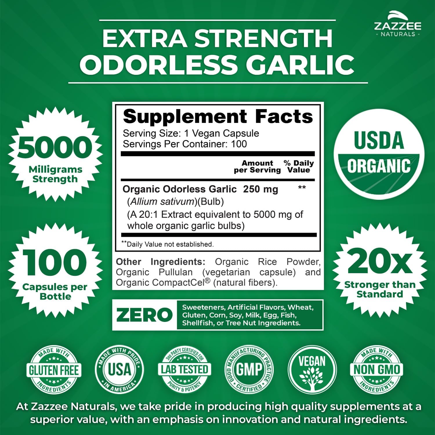 Organic Odorless Garlic Extract Capsules - 5000mg Strength, 100 Vegan Capsules, 3 Month Supply - Non-GMO, Vegetarian, Made in USA