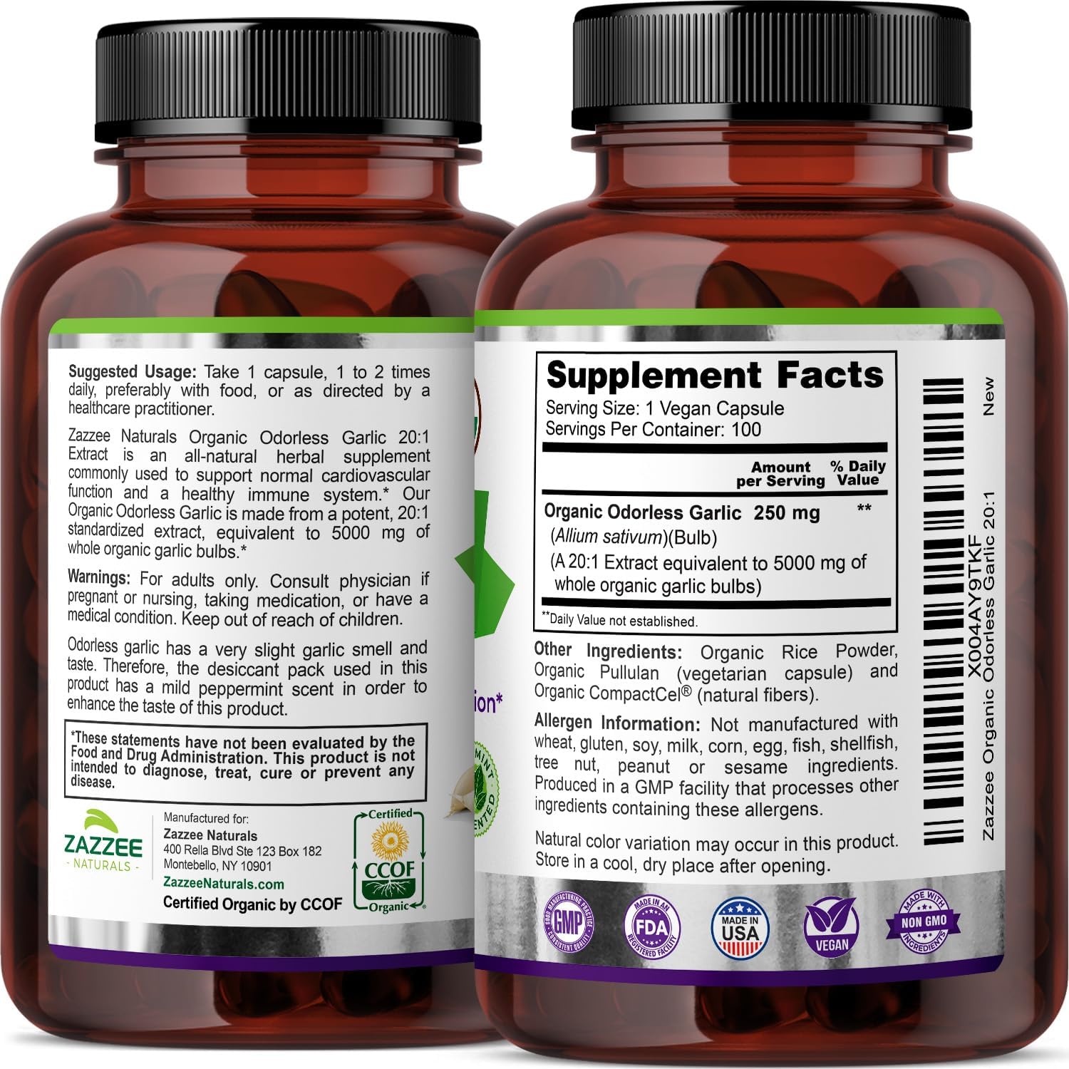 Organic Odorless Garlic Extract Capsules - 5000mg Strength, 100 Vegan Capsules, 3 Month Supply - Non-GMO, Vegetarian, Made in USA