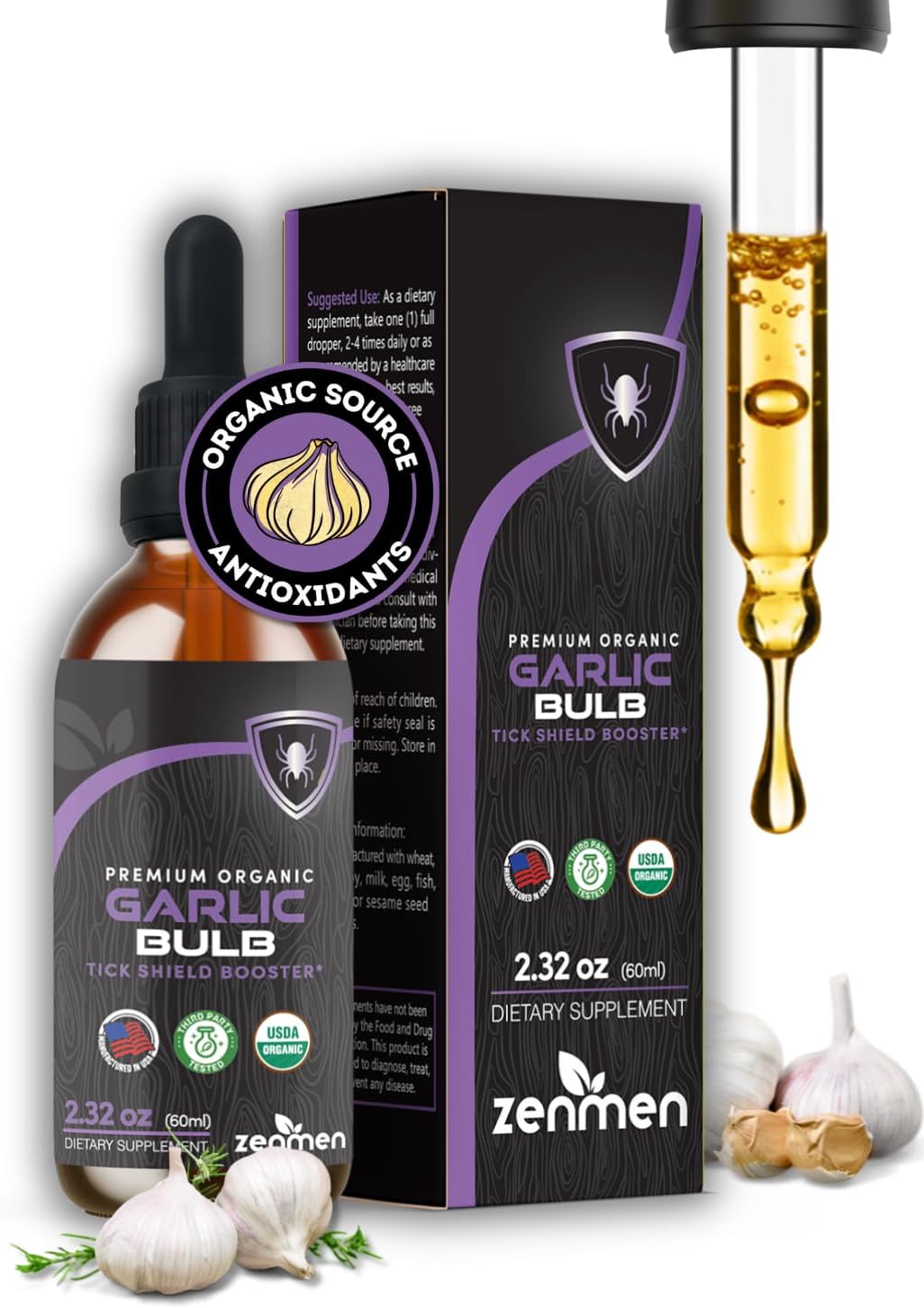 Organic Odorless Garlic Extract Tincture for Immune Support - Antioxidant Source - 2.32 oz (60ml) - Vegan - Made in USA