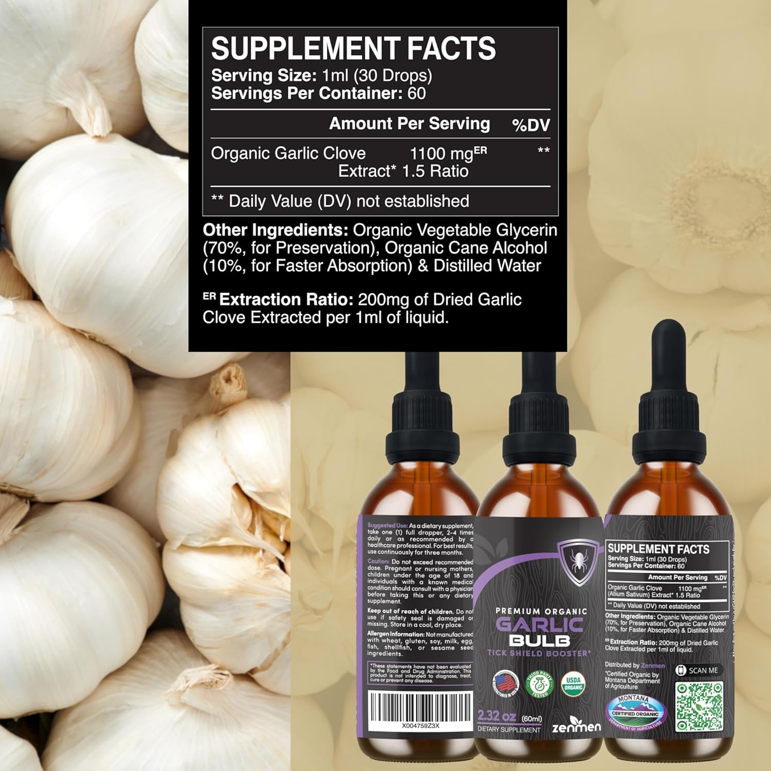 Organic Odorless Garlic Extract Tincture for Immune Support - Antioxidant Source - 2.32 oz (60ml) - Vegan - Made in USA