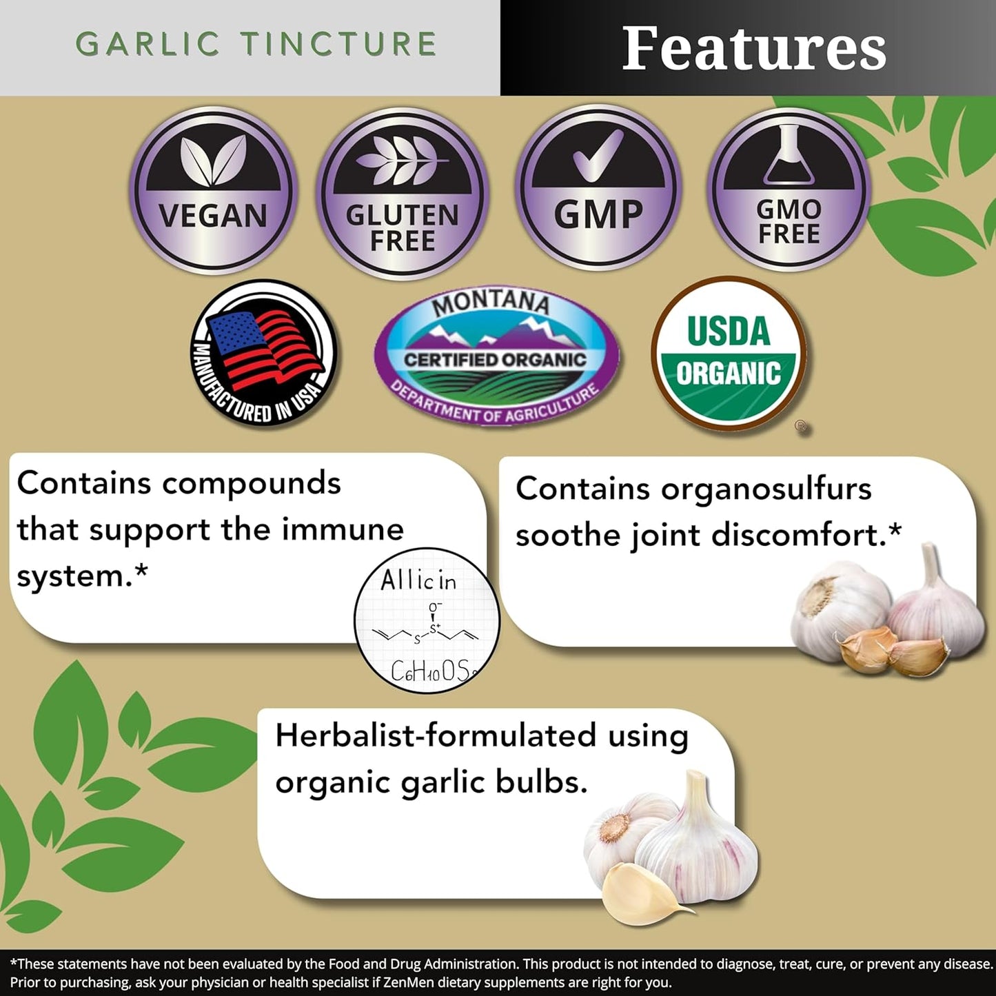 Organic Odorless Garlic Extract Tincture for Immune Support - Antioxidant Source - 2.32 oz (60ml) - Vegan - Made in USA