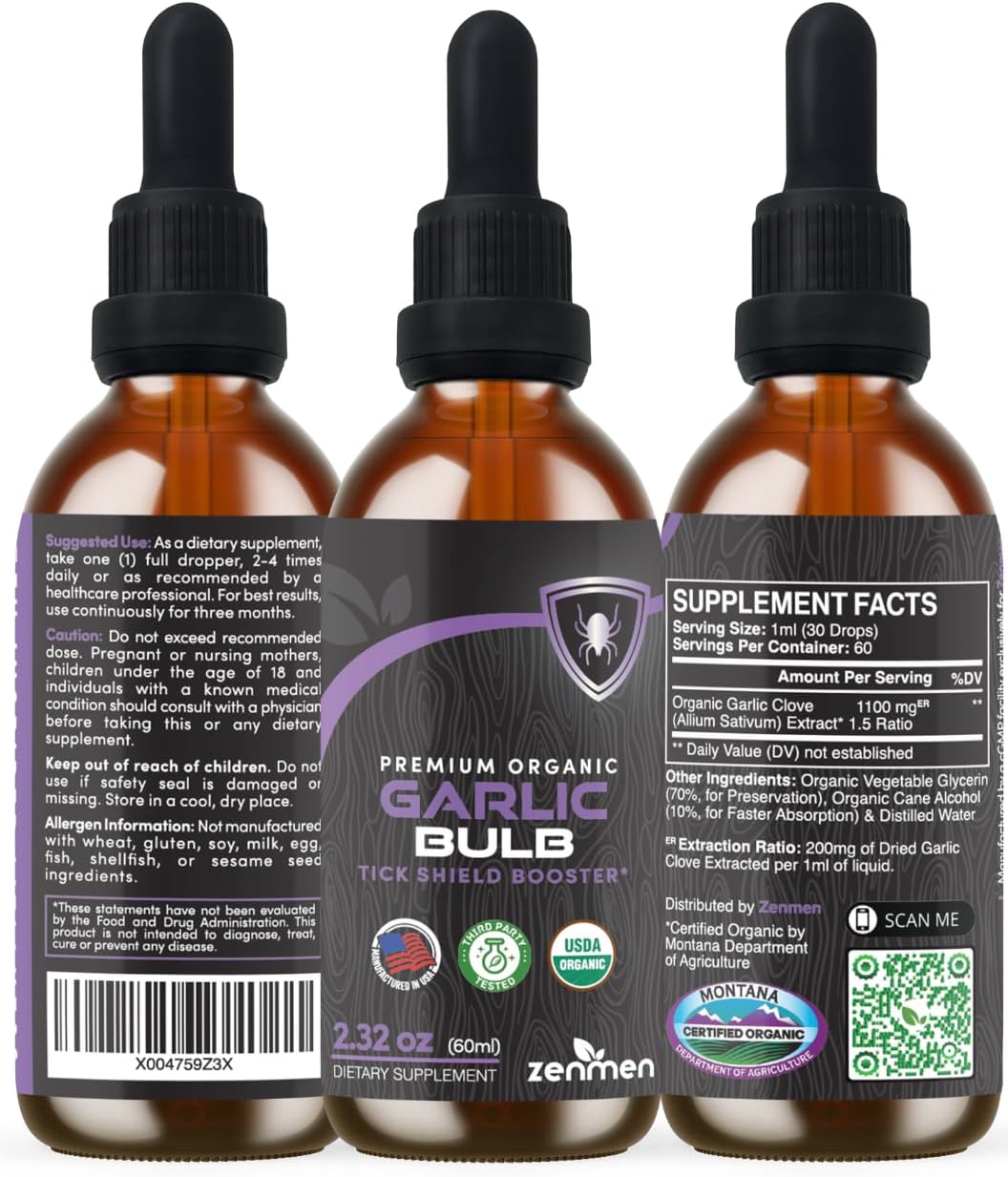 Organic Odorless Garlic Extract Tincture for Immune Support - Antioxidant Source - 2.32 oz (60ml) - Vegan - Made in USA
