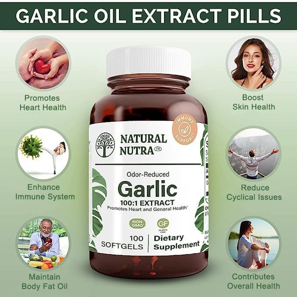 Organic Odorless Garlic Oil Supplement for Heart & Skin Health, Immune Support - 500mg, 100 Softgels