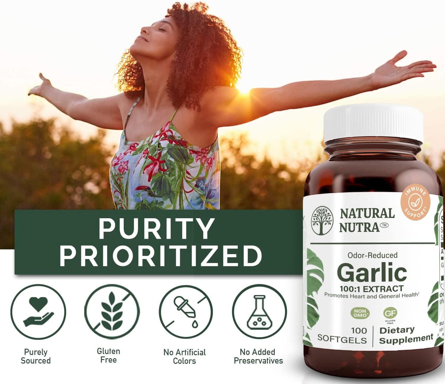 Organic Odorless Garlic Oil Supplement for Heart & Skin Health, Immune Support - 500mg, 100 Softgels