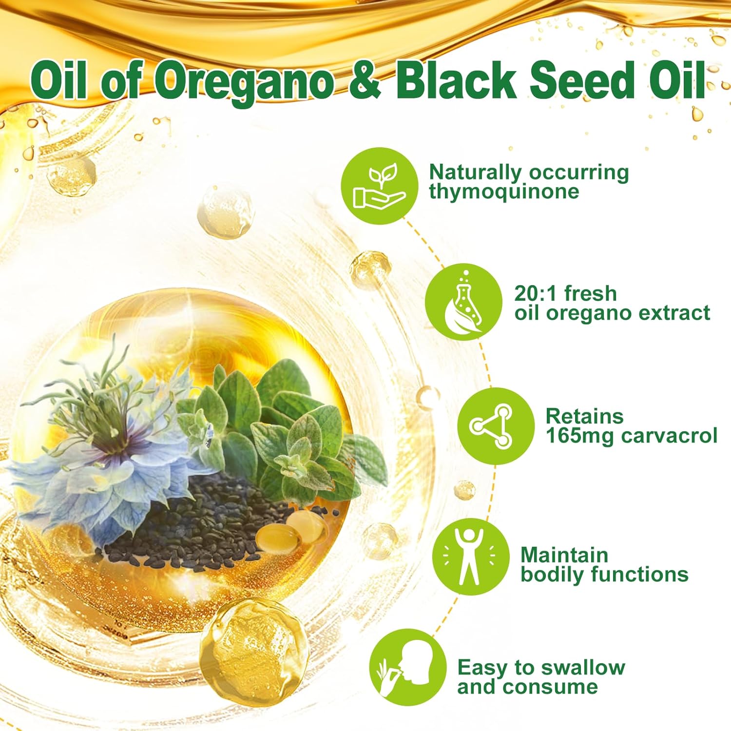 Organic Oil of Oregano and Black Seed Oil Blend for Immune Health, High Carvacrol & Thymoquinone, Non-GMO, 3 Pack